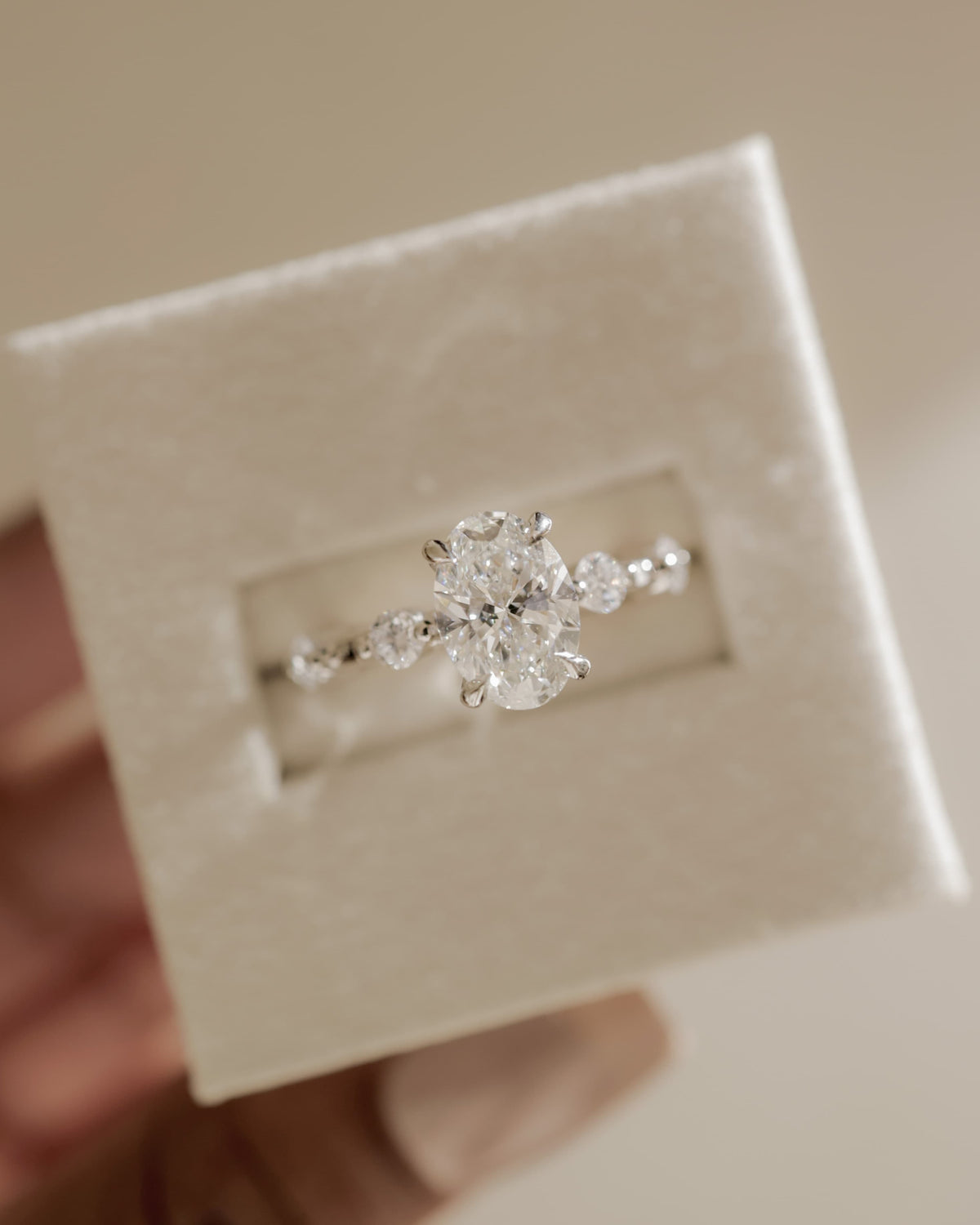 Arwen - Oval Claw Solitaire with 4 Spaced Round Accent Stones and Hidden Halo Engagement Ring - Yellow Gold