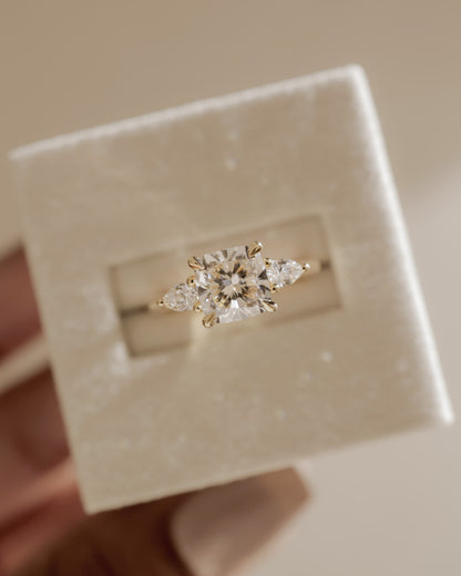 Selena - Cushion Claw Trilogy with Pear Side Stones and Open Trellis Gallery Engagement Ring - Yellow Gold