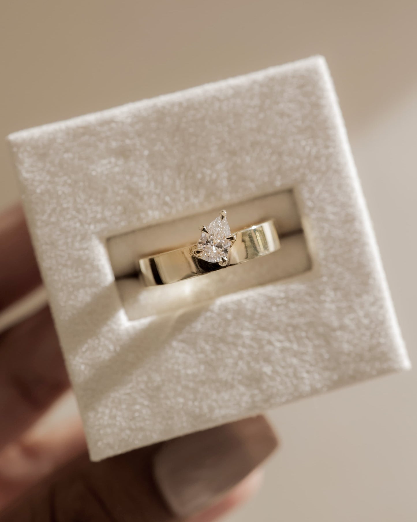 Tatiana - Pear Claw Solitaire with Offset Angled Setting and Flat Cigar Band Engagement Ring - Rose Gold