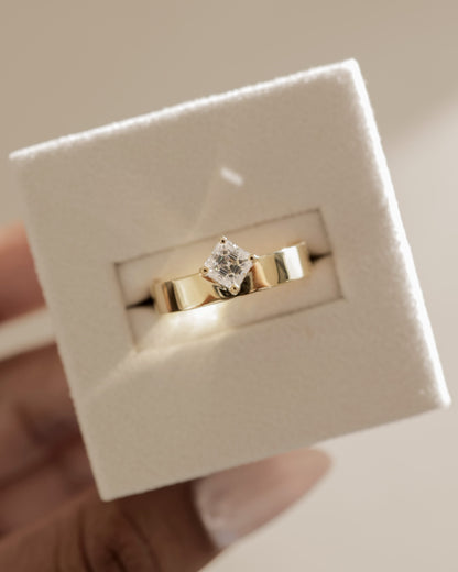 Vicki - Asscher Claw Solitaire with Offset Setting and Flat Cigar Band Engagement Ring - Yellow Gold