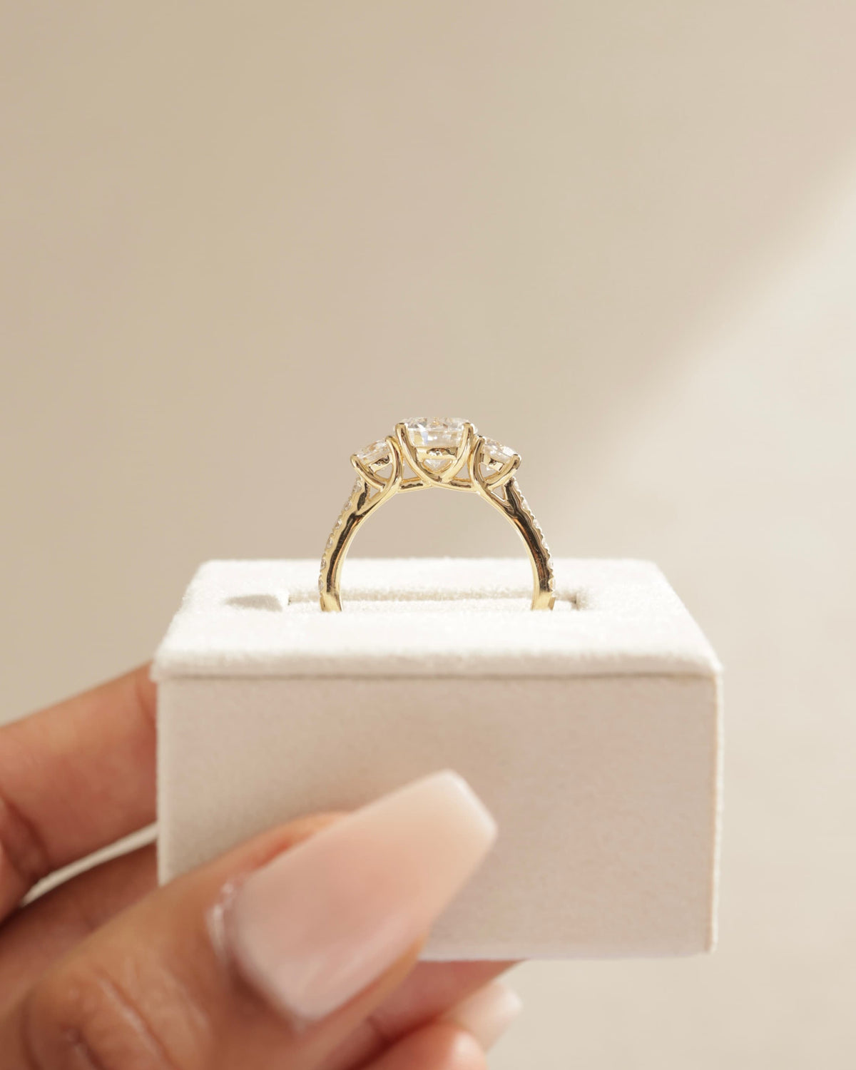Ella - Round Claw Trilogy with Round Side Stones, Pave Band and Trellis Gallery  Engagement Ring - Yellow Gold