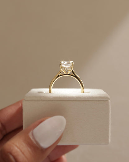 Wendy - Elongated Cushion Claw Solitaire with Hidden Halo, Tapered Band and Cathedral High Setting Engagement Ring - White Gold
