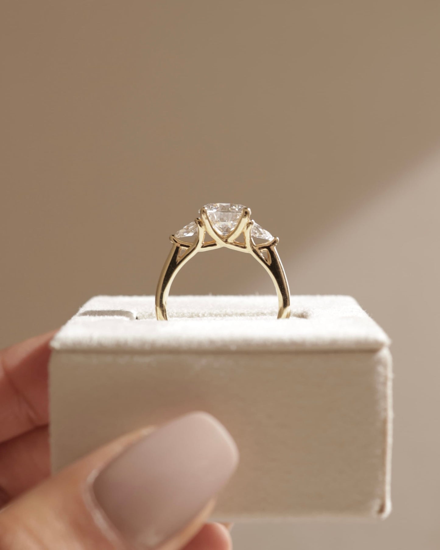 Adelyn - Round Claw Trilogy with Pear Side Stones and Open Trellis Gallery Engagement Ring - Yellow Gold