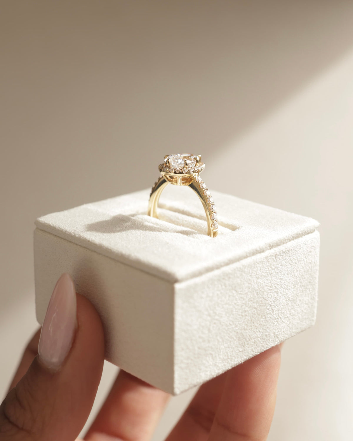 Kirsten - Pear Claw Solitaire with Pave Band and Halo and Low Setting Engagement Ring - Yellow Gold
