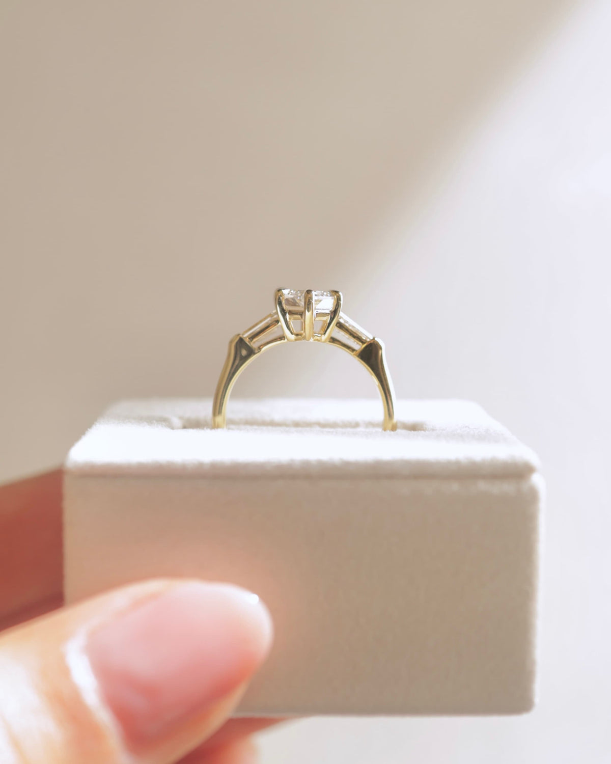 Myrtle - Elongated Hexagon Claw Trilogy with Tapered Baguette Side Stones and Cathedral Setting Engagement Ring - Yellow Gold