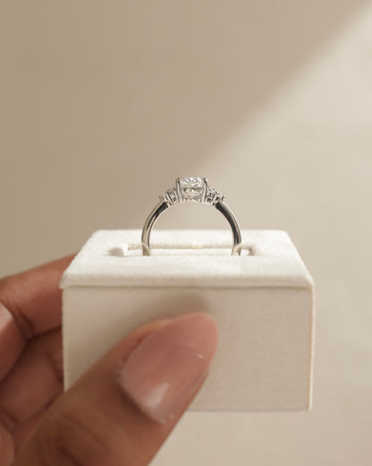 Sharon - Oval Claw Solitaire with Round Shoulder Stones Engagement Ring - White Gold
