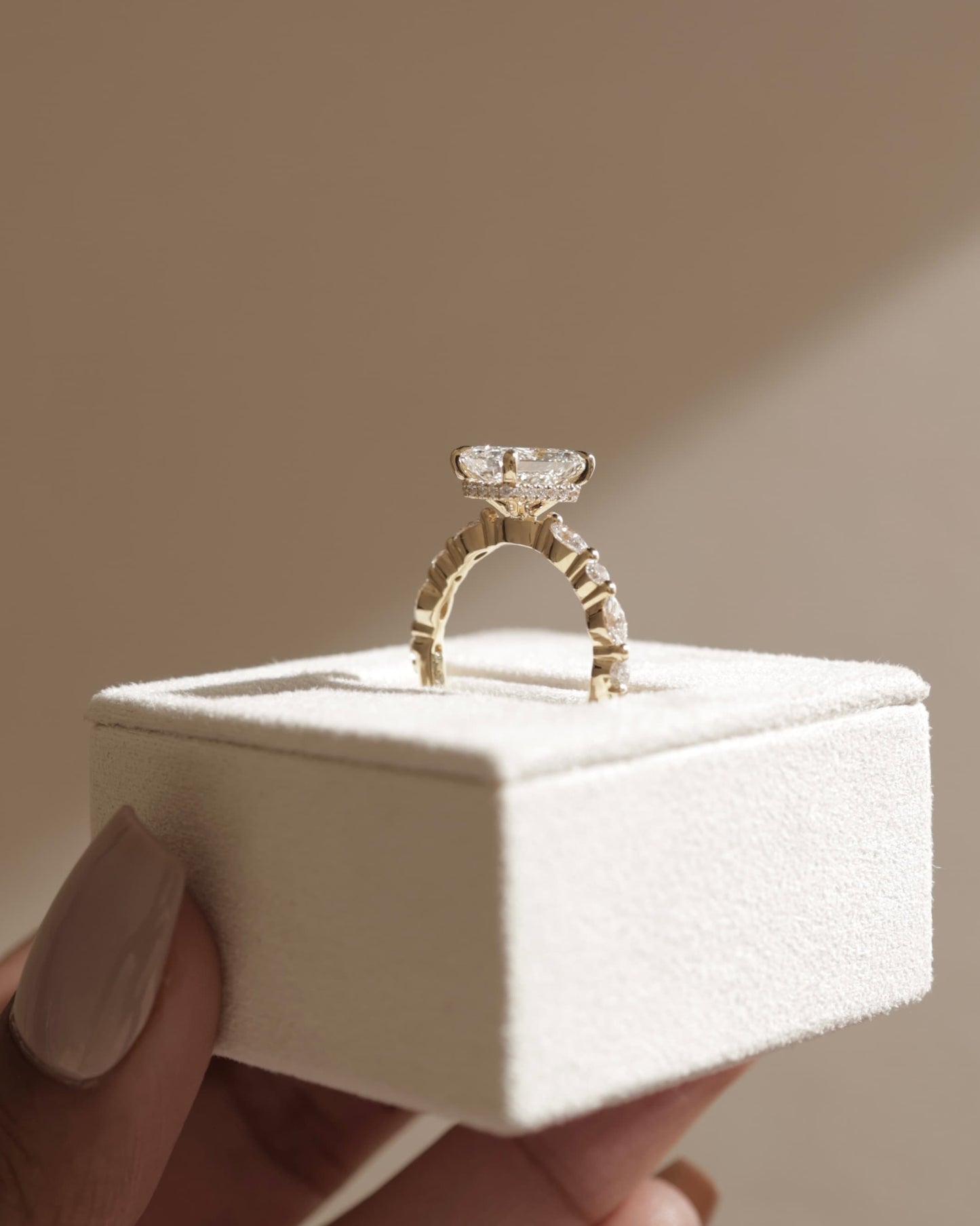 Kyla - Radiant Claw Solitaire with Marquise-Round Accent Stones and Wrap Around Hidden Halo Engagement Ring - White Gold