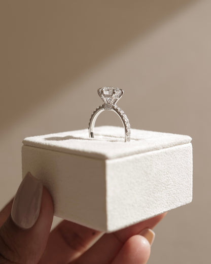 Siobhan - Round Claw Solitaire with Hidden Halo, Pave Collar and Pave Band Engagement Ring - Rose Gold