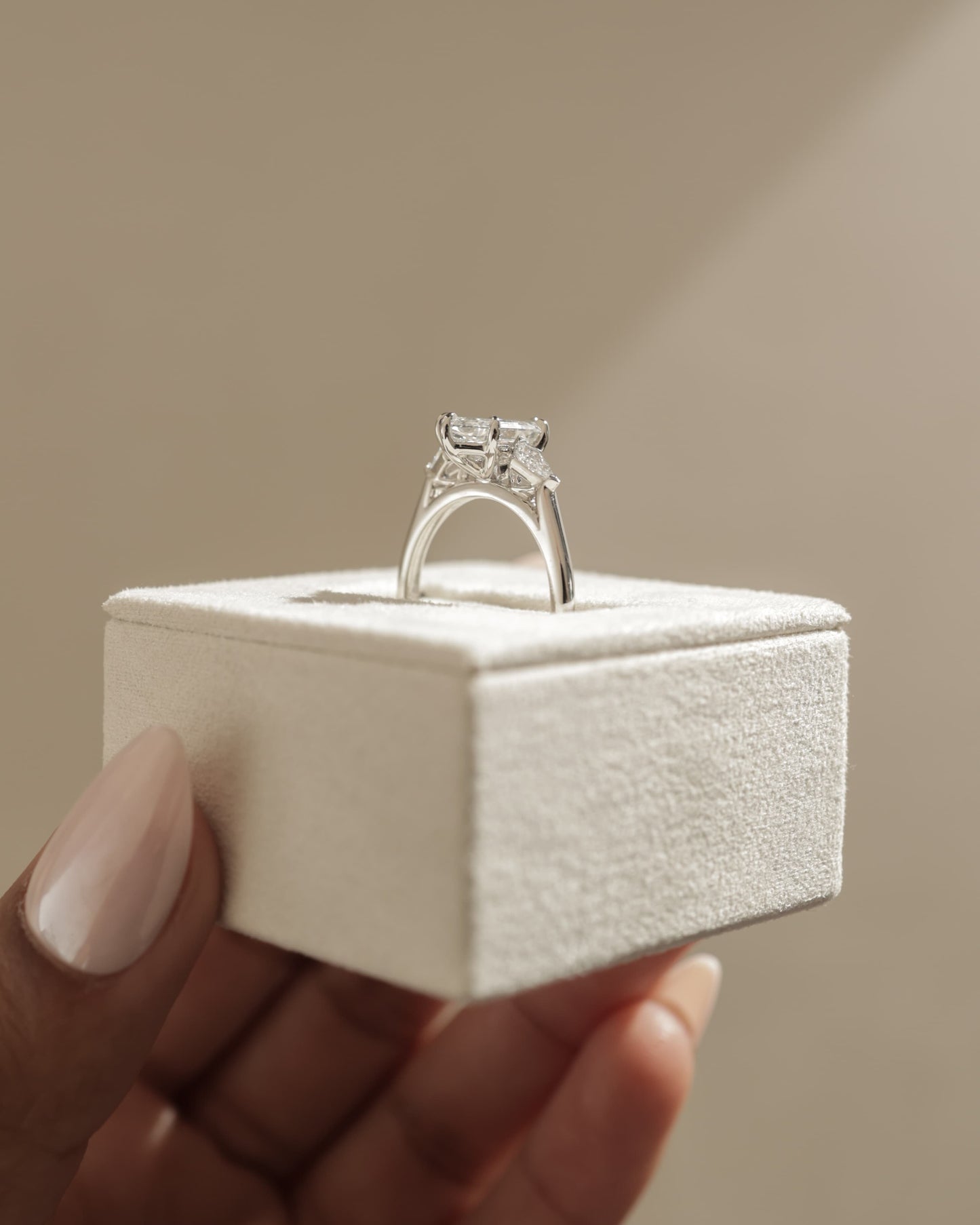Wanda - Elongated Hexagon Claw Trilogy with Kite Side Stones Engagement Ring - Yellow Gold