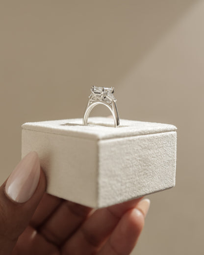 Wanda - Elongated Hexagon Claw Trilogy with Kite Side Stones Engagement Ring - Yellow Gold