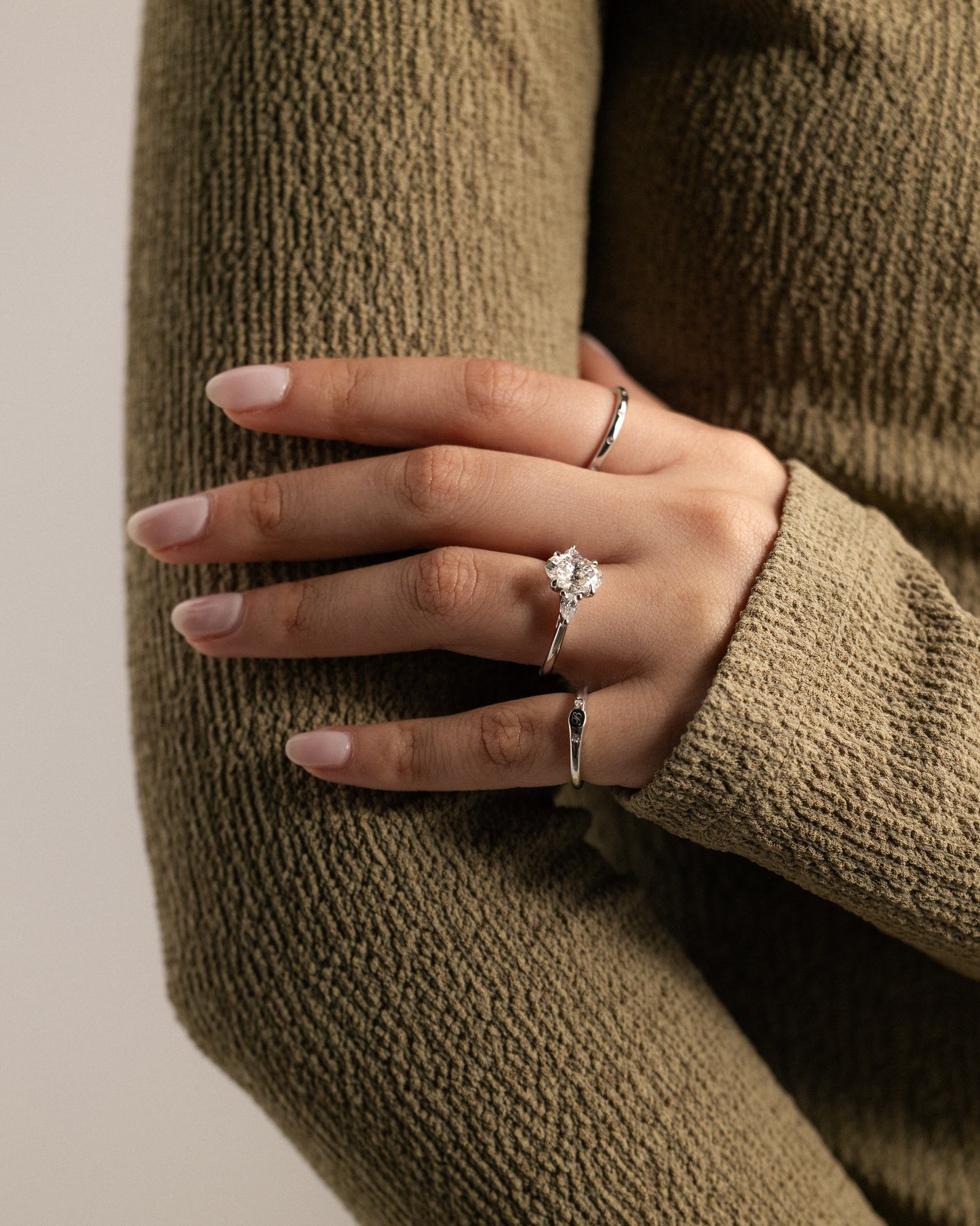 Amara - Oval Claw Trilogy with Pear Side Stones and Open Trellis Gallery Engagement Ring - White Gold - white gold - Lara Jewels