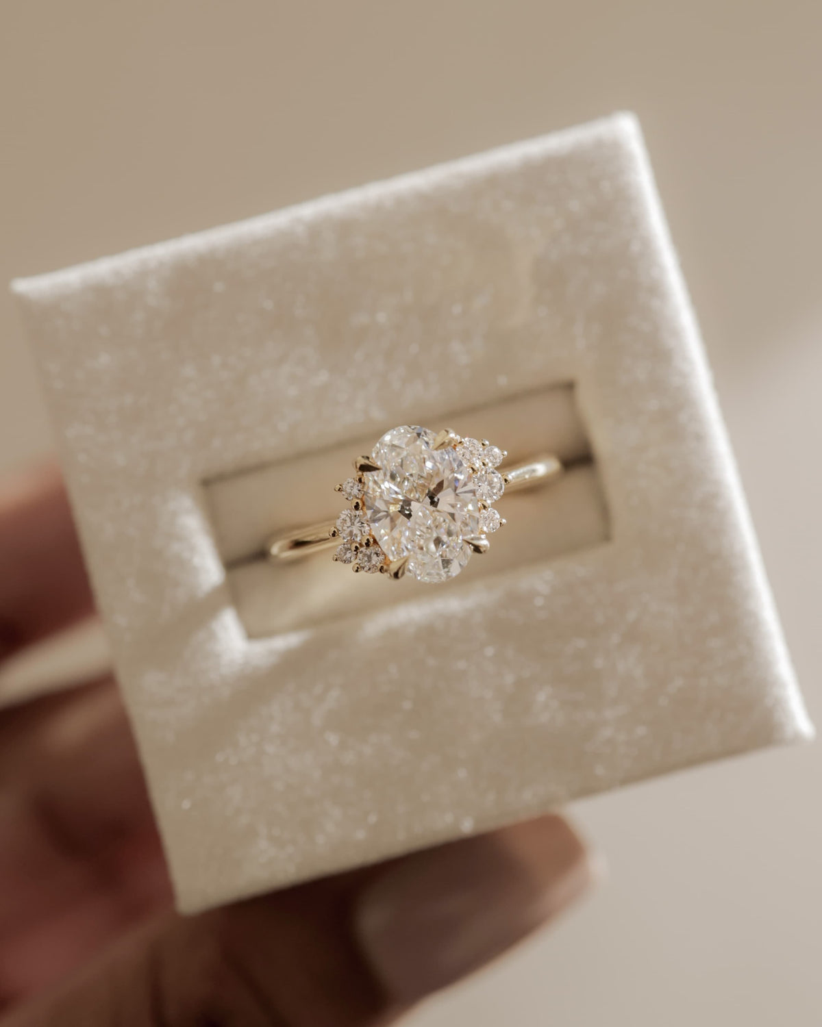 Esther - Oval Claw Solitaire with Clustered Round Opposing Shoulder Stones Engagement Ring - Rose Gold