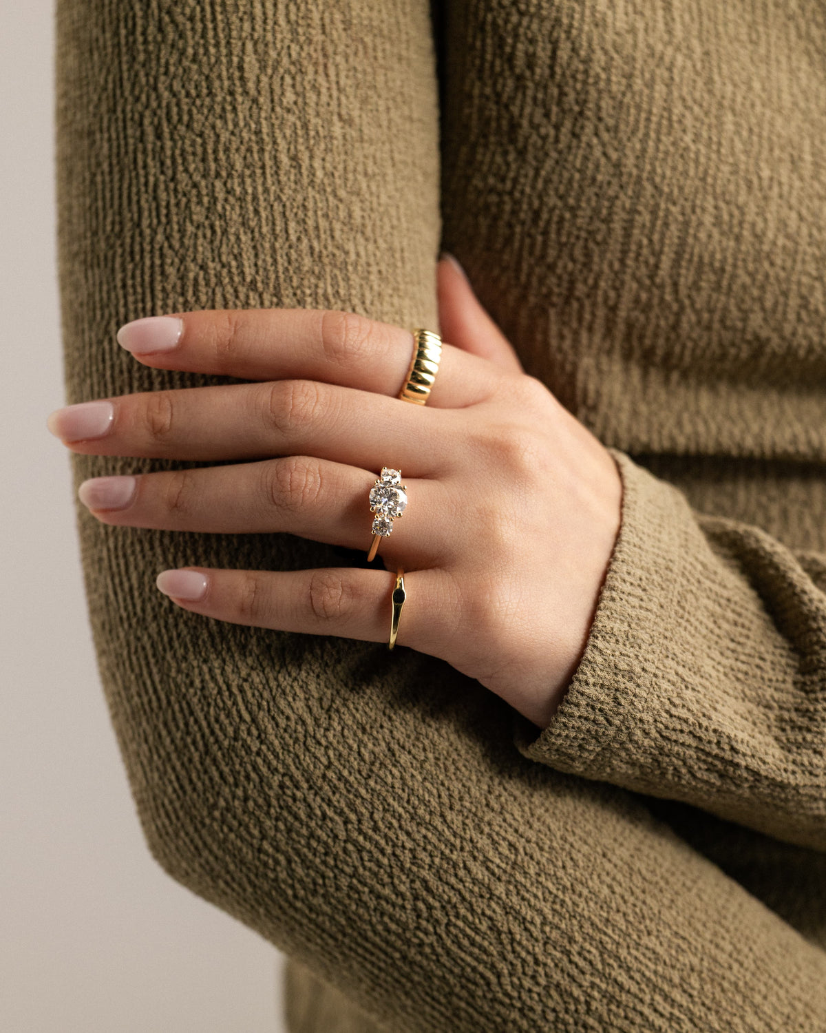 Octavia - Round Claw Trilogy with Round Side Stones and Trellis Gallery Engagement Ring - Rose Gold