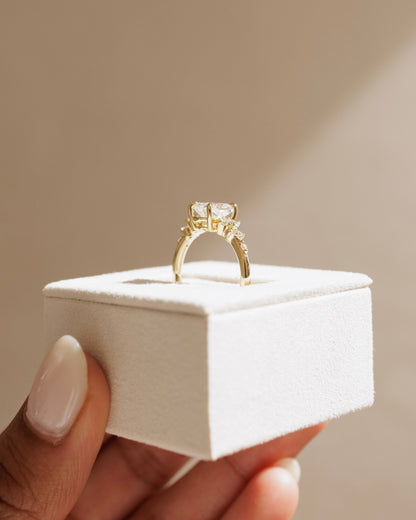 Winnie - Elongated Cushion Claw Solitaire with Clustered Round Shoulder Stones Engagement Ring - Yellow Gold