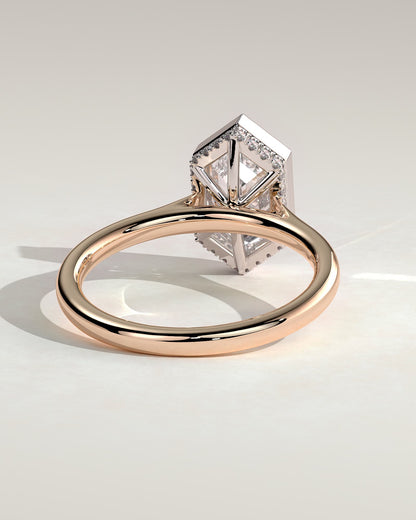 Gloria - Elongated Hexagon Bezel Solitaire with Hidden Halo and Cathedral High Setting Engagement Ring - Rose Two-Tone
