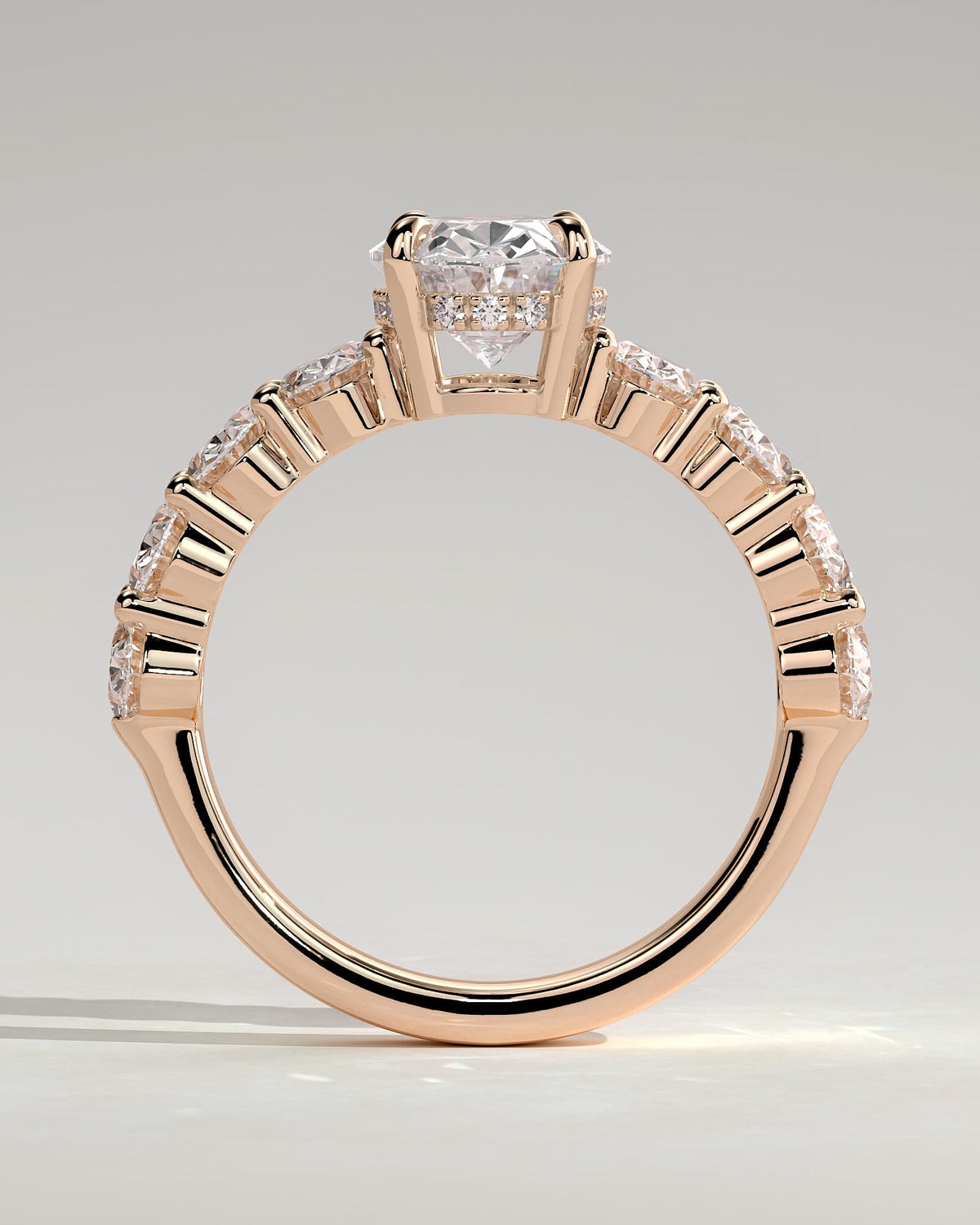 Vivianne - Oval Claw Solitaire with Half Eternity Oval Band and Hidden Halo Engagement Ring - Rose Gold