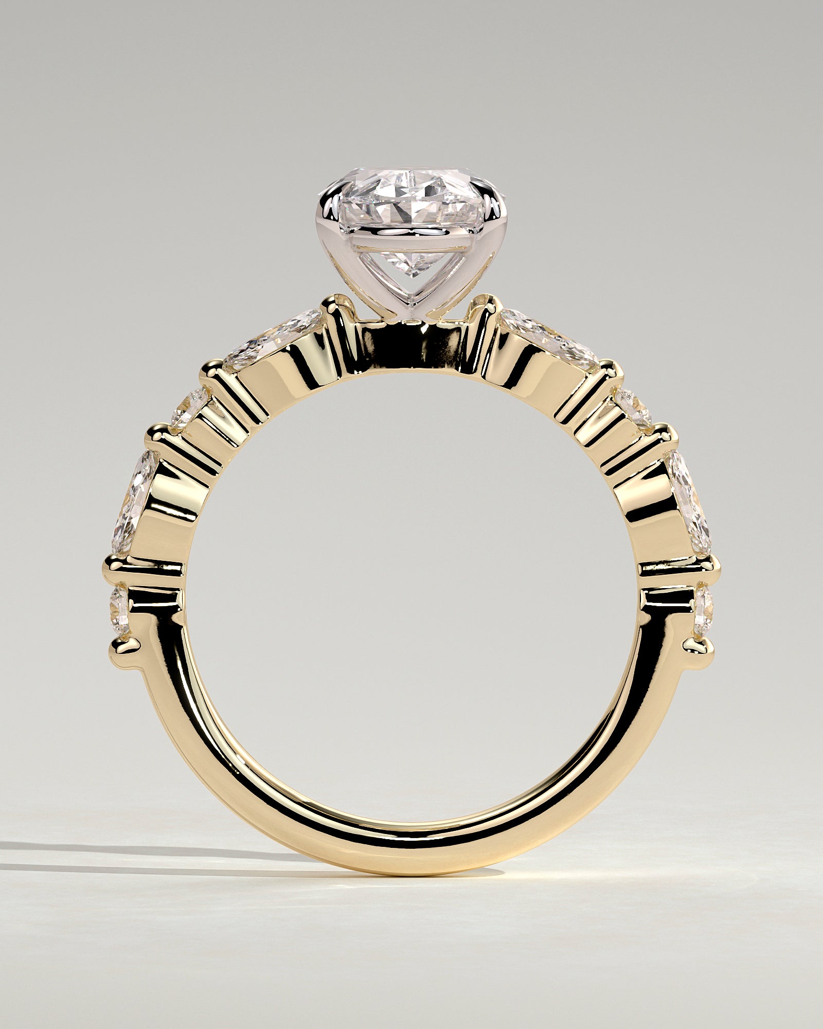Alyssa - Oval Claw Solitaire with Marquise and Round Accent Stones Engagement Ring - Yellow Two-Tone - Yellow Two-Tone 2ct