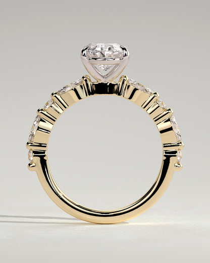 Alyssa - Oval Claw Solitaire with Marquise and Round Accent Stones Engagement Ring - Yellow Two-Tone - yellow two-tone - Lara Jewels