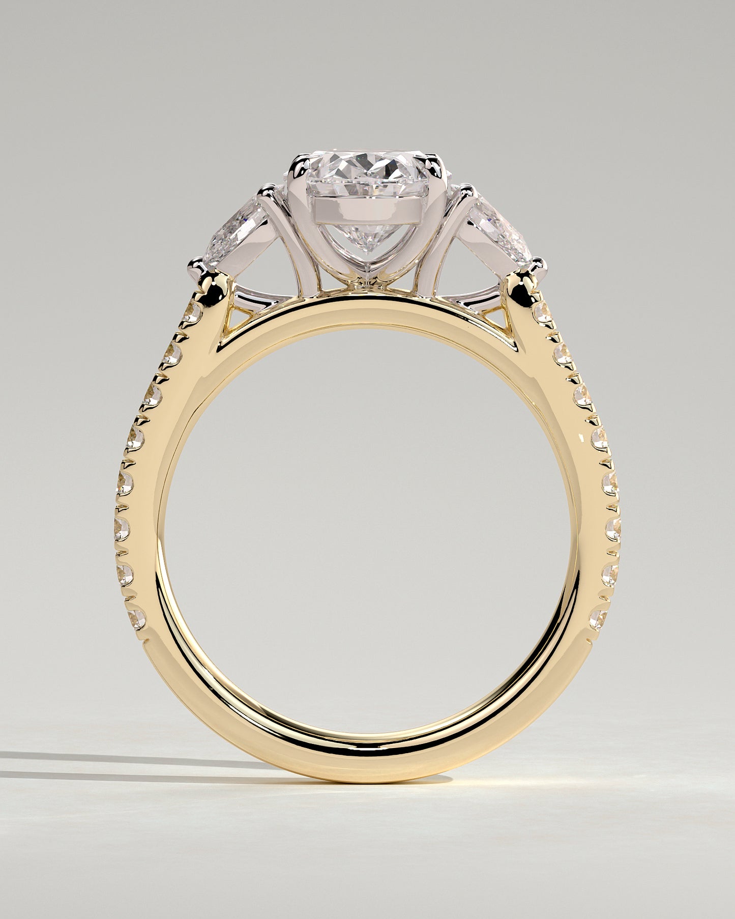 Arabella - Oval Claw Trilogy with Pear Side Stones and Pave Band Engagement Ring - Yellow Two-Tone - Yellow Two-Tone 2ct
