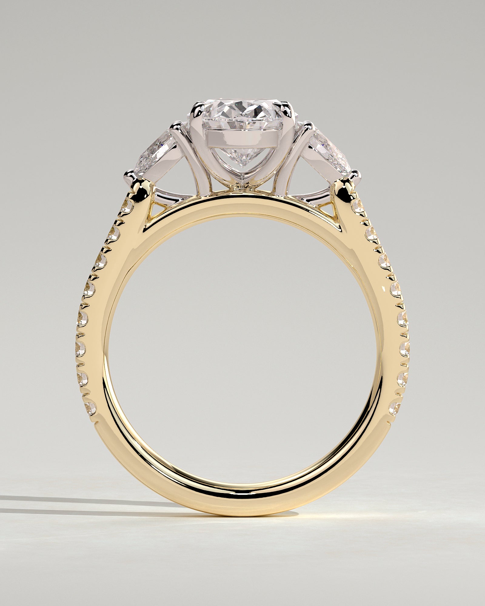 Arabella - Oval Claw Trilogy with Pear Side Stones and Pave Band Engagement Ring - Yellow Two-Tone - Yellow Two-Tone 2ct