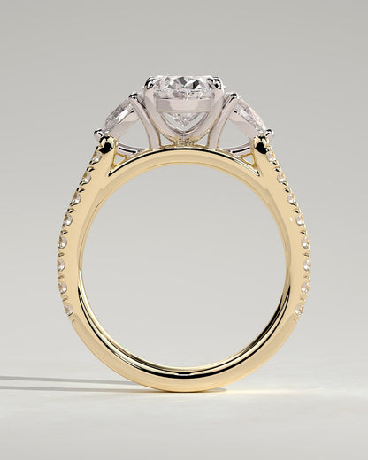 Arabella - Oval Claw Trilogy with Pear Side Stones and Pave Band Engagement Ring - Yellow Two-Tone - yellow two-tone - Lara Jewels