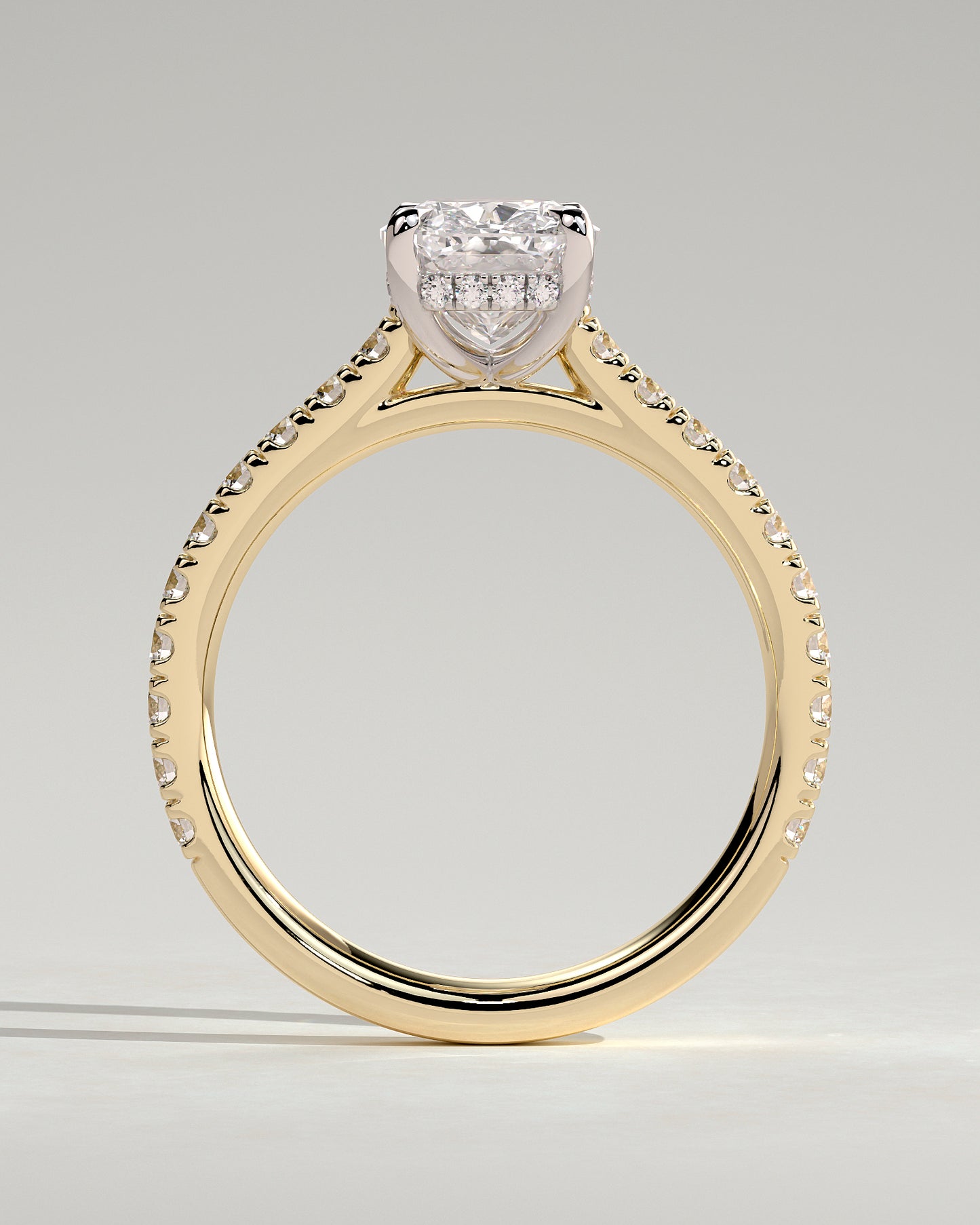 Annika - Elongated Cushion Claw Solitaire with Hidden Halo, Pave Band and Cathedral High Setting Engagement Ring - Yellow Two-Tone - Yellow Two-Tone 2ct