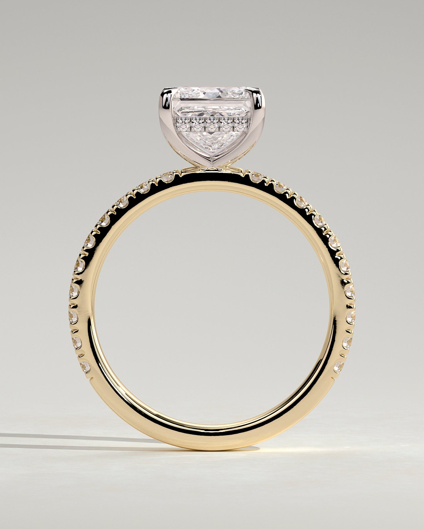 Annie - Princess Claw Solitaire with Hidden Halo and Pave Band Engagement Ring - Yellow Two-Tone - Yellow Two-Tone 2ct