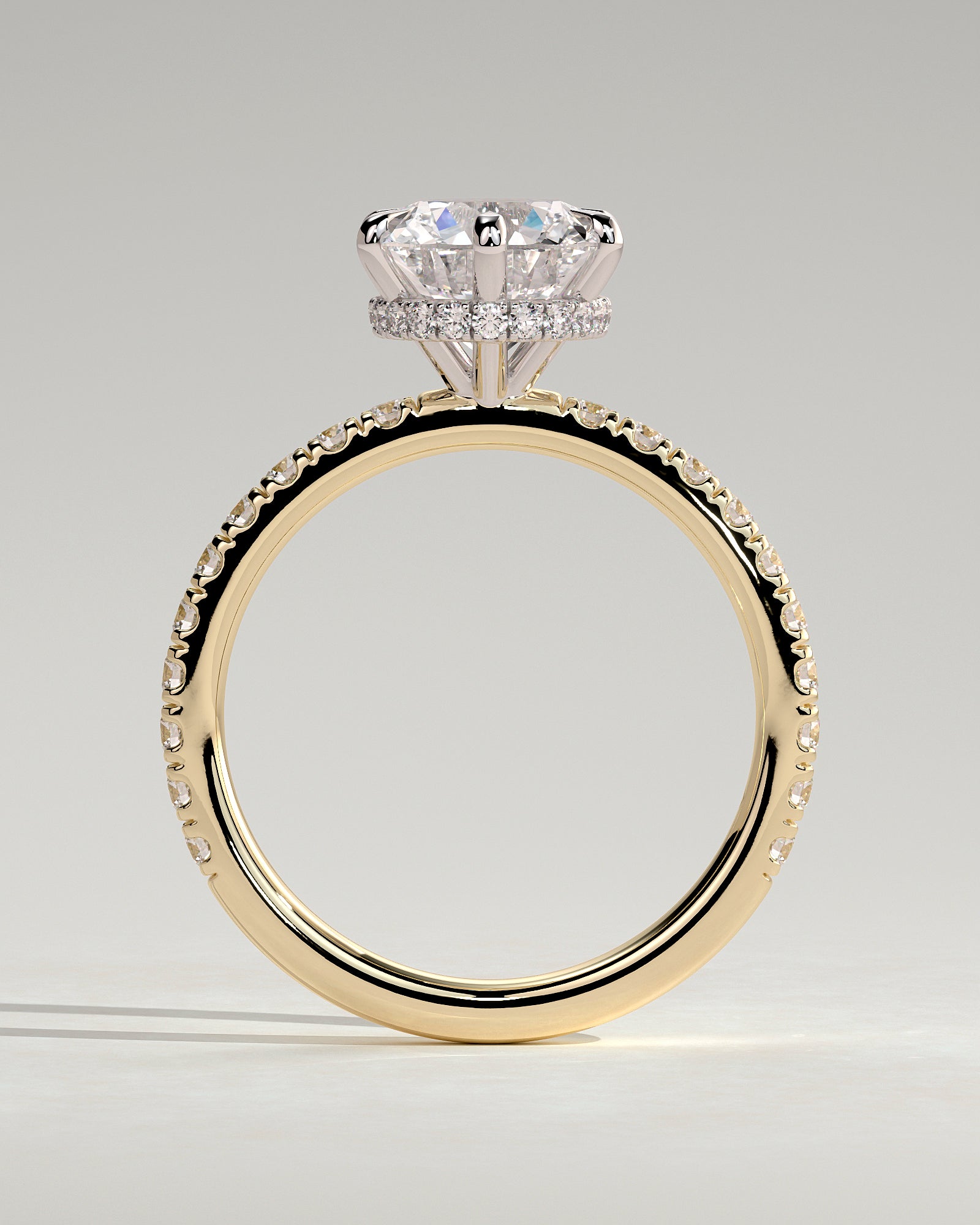 Amanda - Round Claw Solitaire with Wrap Around Hidden Halo and Pave Band Engagement Ring - Yellow Two-Tone - Yellow Two-Tone 2ct