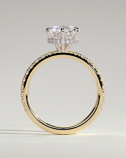 Amanda - Round Claw Solitaire with Wrap Around Hidden Halo and Pave Band Engagement Ring - Yellow Two-Tone - yellow two-tone - Lara Jewels