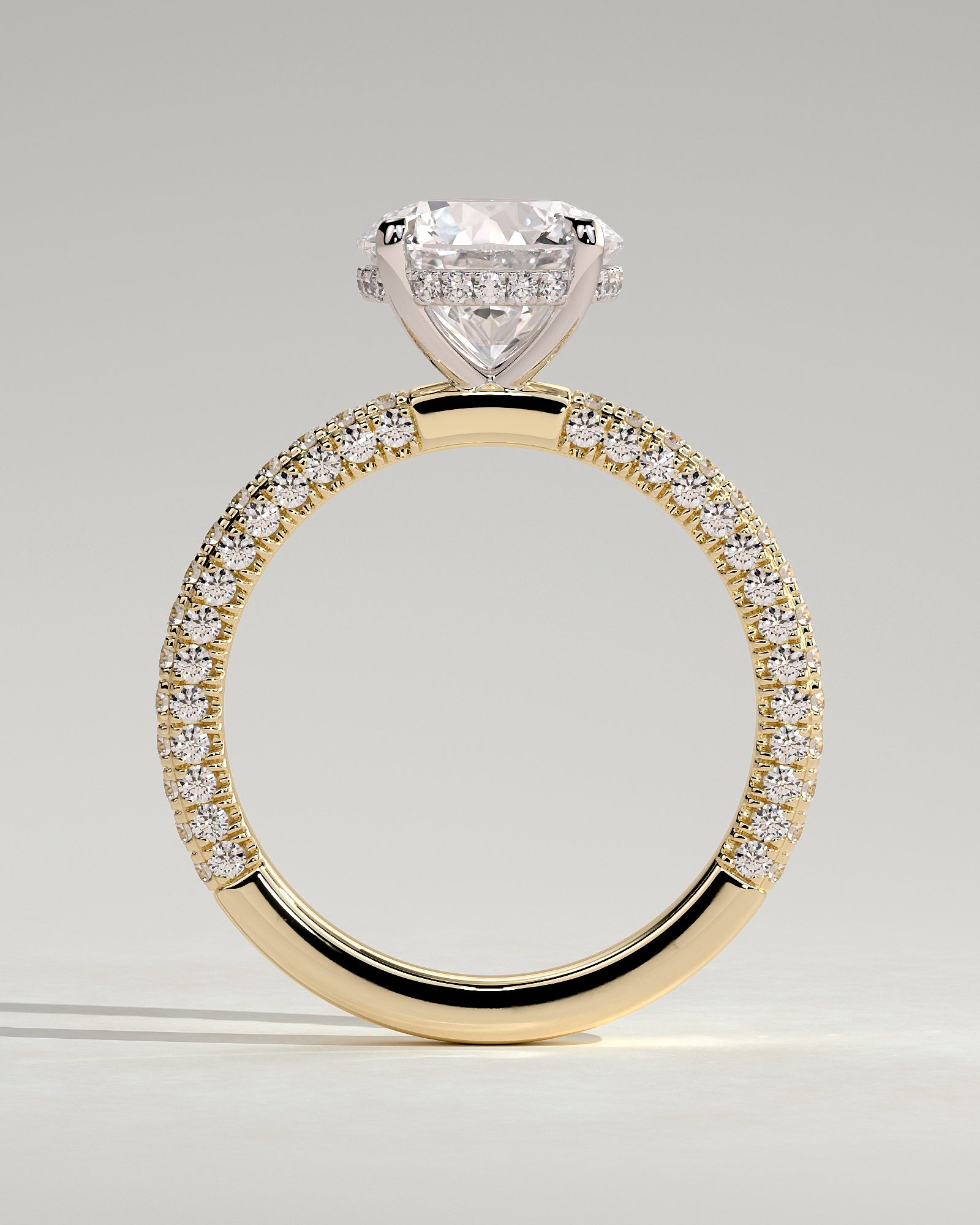 Alex - Round Claw Solitaire with Hidden Halo and Triple Pave Band Engagement Ring - Yellow Two-Tone - Yellow Two-Tone 2ct