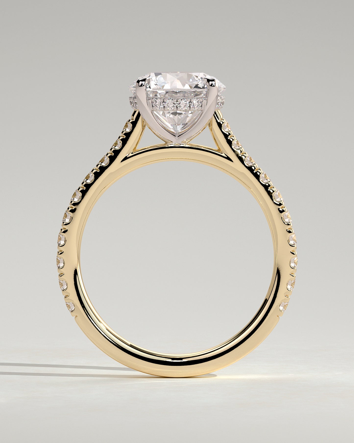 Ashlea - Round Claw Solitaire with Hidden Halo, Pave Band and Cathedral High Setting Engagement Ring - Yellow Two-Tone - Yellow Two-Tone 2ct