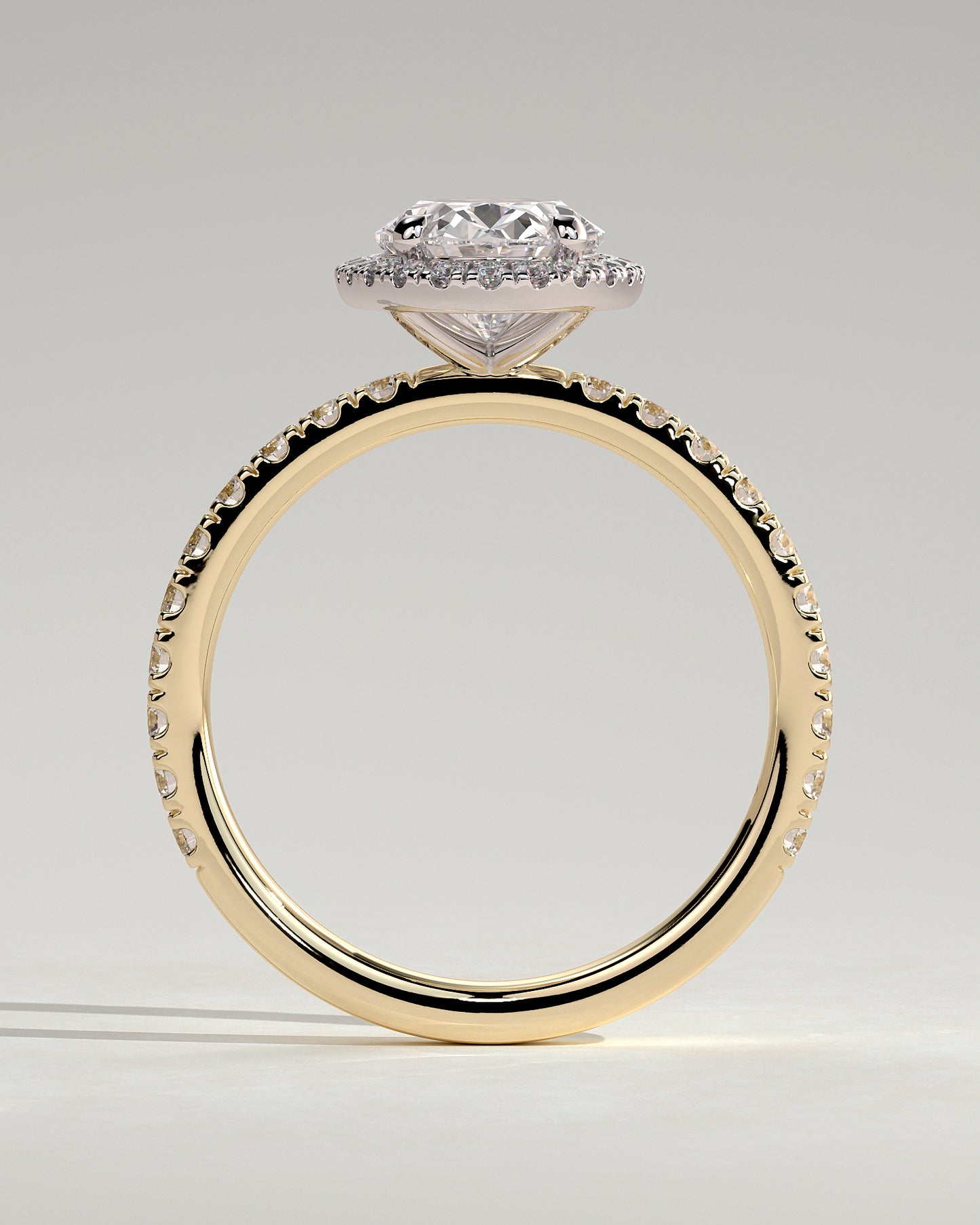 Aurora - Oval Claw Solitaire with Halo and Pave Band Engagement Ring - Yellow Two-Tone - Yellow Two-Tone 2ct