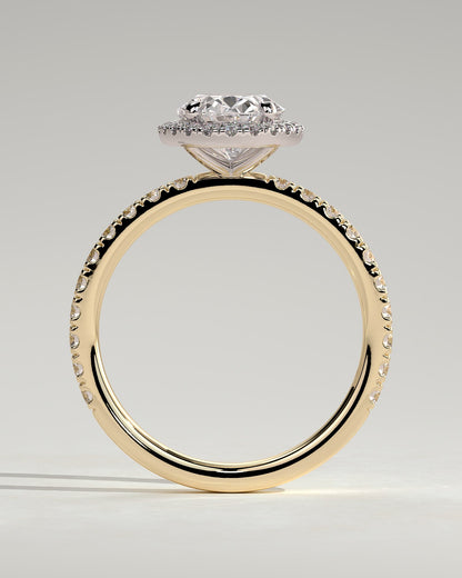 Aurora - Oval Claw Solitaire with Halo and Pave Band Engagement Ring - Yellow Two-Tone
