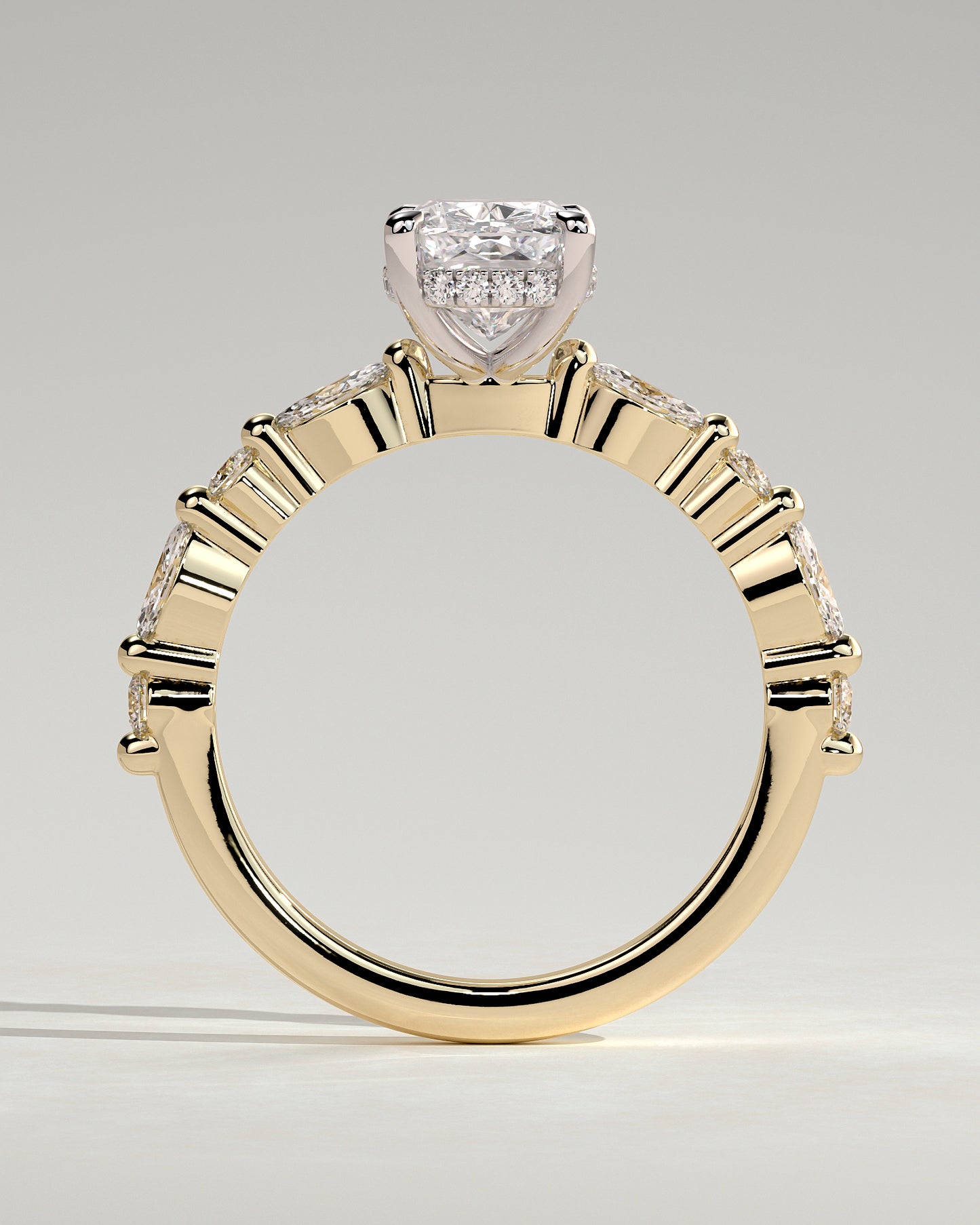 Cali - Elongated Cushion Claw Solitaire with Marquise-Round Accent Stones and Hidden Halo Engagement Ring - Yellow Two-Tone - Yellow Two-Tone 2ct