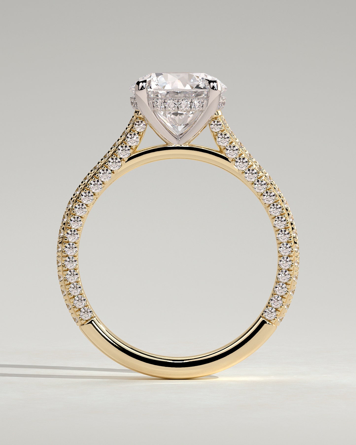 Chelsea - Round Claw Solitaire with Hidden Halo, Triple Pave Band and Cathedral High Setting Engagement Ring - Yellow Two-Tone - Yellow Two-Tone 2ct