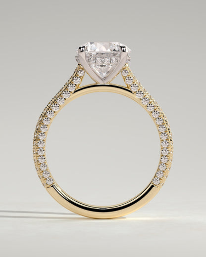 Chelsea - Round Claw Solitaire with Hidden Halo, Triple Pave Band and Cathedral High Setting Engagement Ring - Yellow Two-Tone