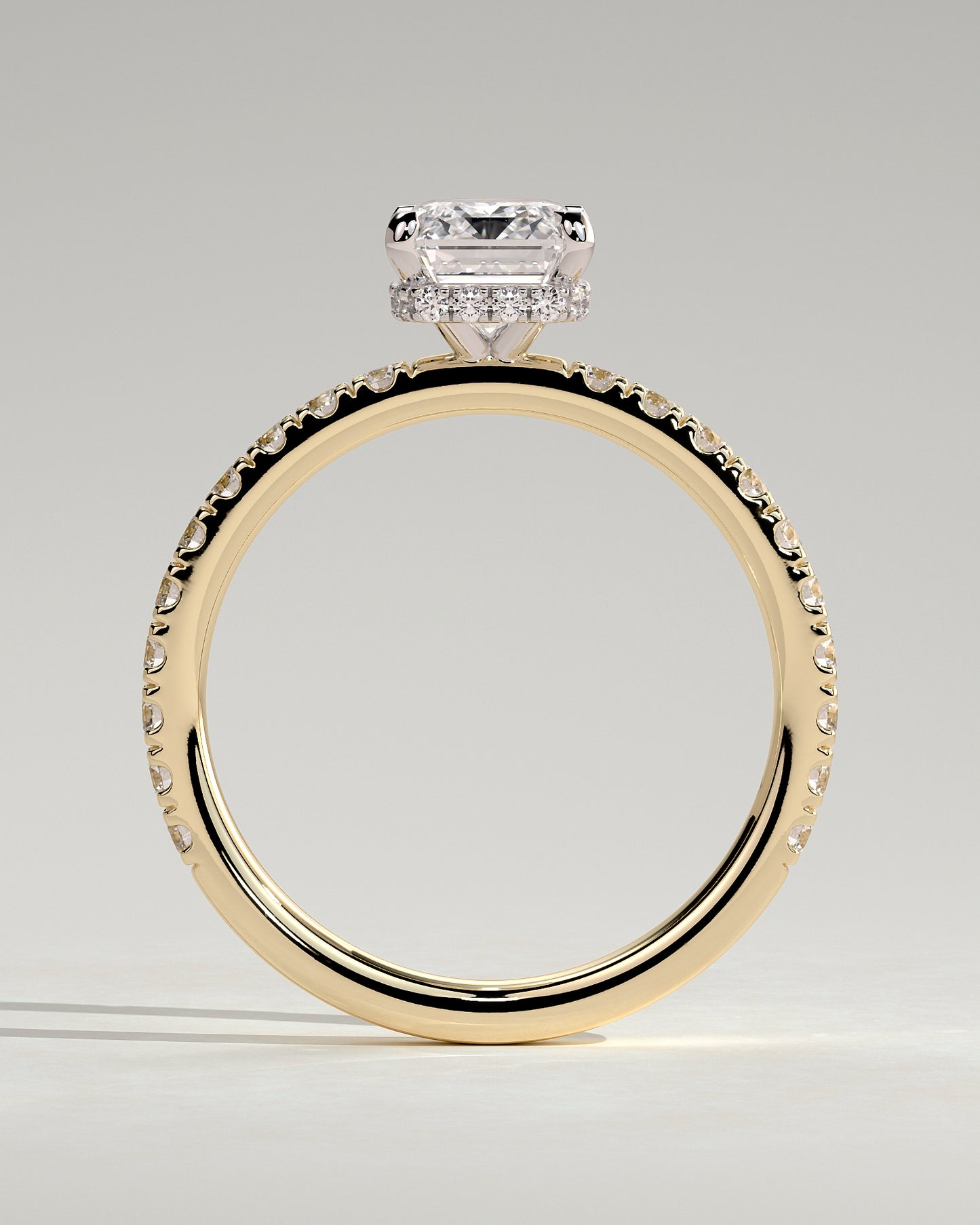 Eliana - Emerald Claw Solitaire with Wrap Around Hidden Halo and Pave Band Engagement Ring - Yellow Two-Tone - Yellow Two-Tone 2ct