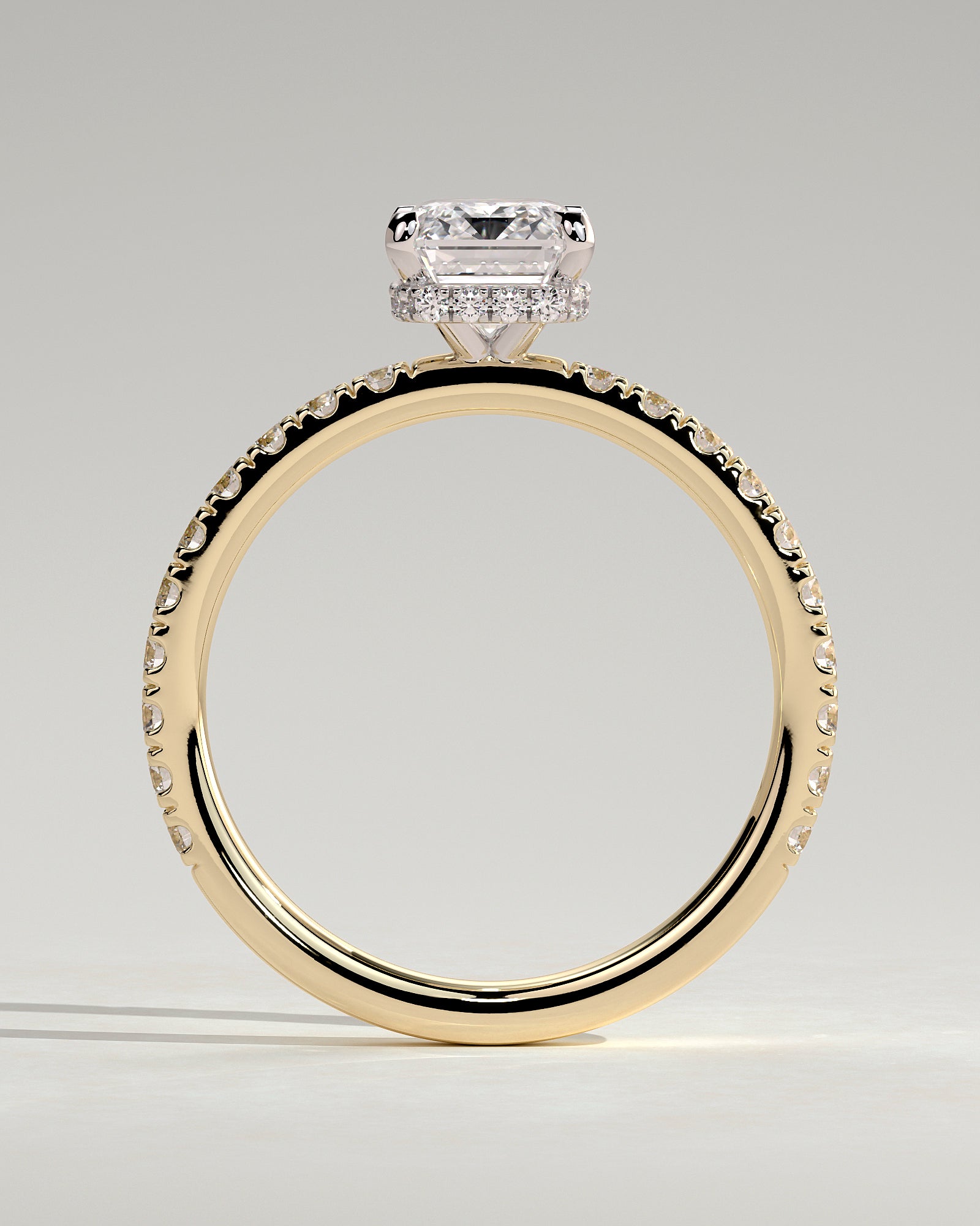 Eliana - Emerald Claw Solitaire with Wrap Around Hidden Halo and Pave Band Engagement Ring - Yellow Two-Tone - Yellow Two-Tone 2ct
