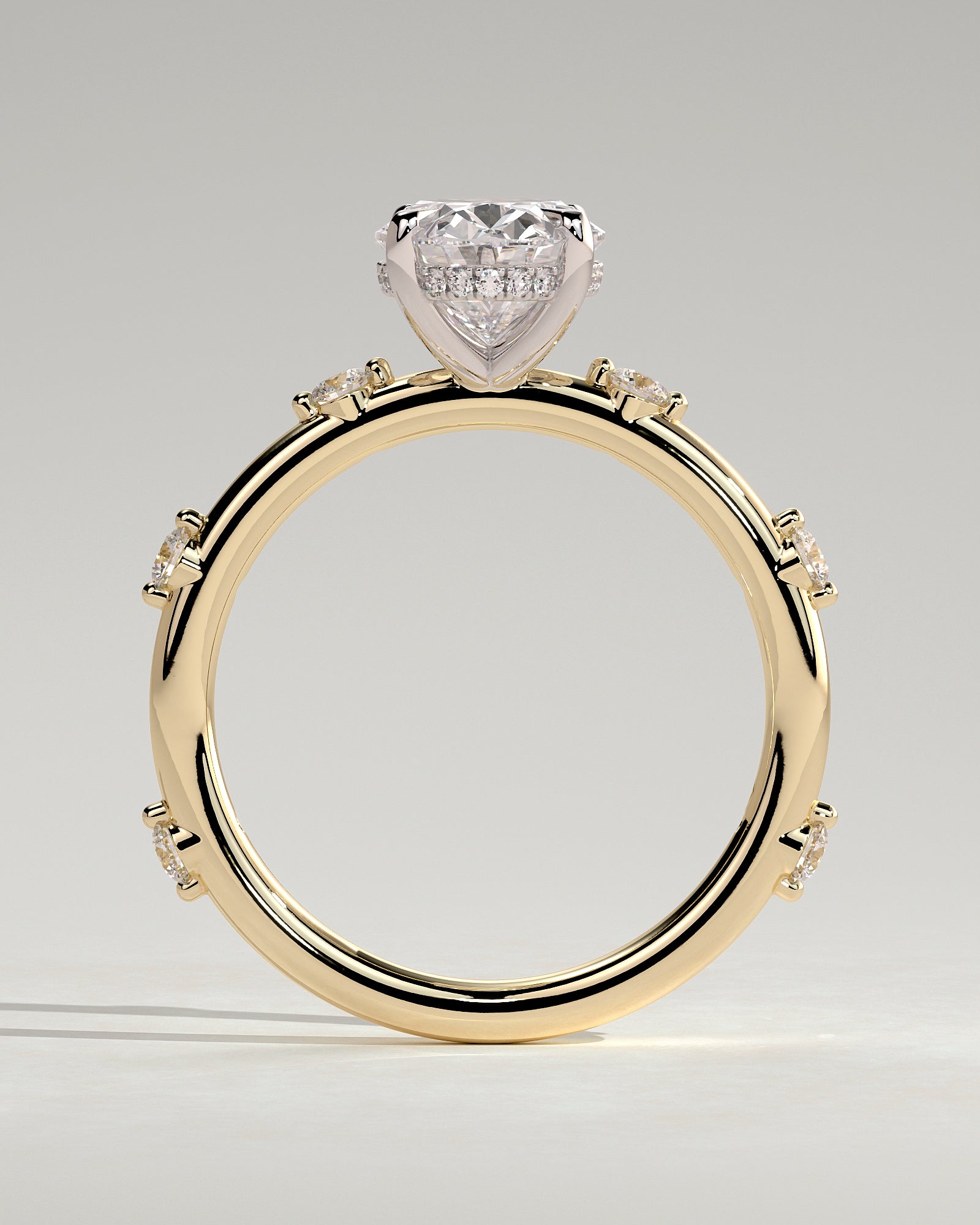 Elise - Oval Claw Solitaire with 6 Spaced Round Accent Stones and Hidden Halo Engagement Ring - Yellow Two-Tone - Yellow Two-Tone 2ct