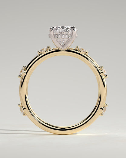 Elise - Oval Claw Solitaire with 6 Spaced Round Accent Stones and Hidden Halo Engagement Ring - Yellow Two-Tone