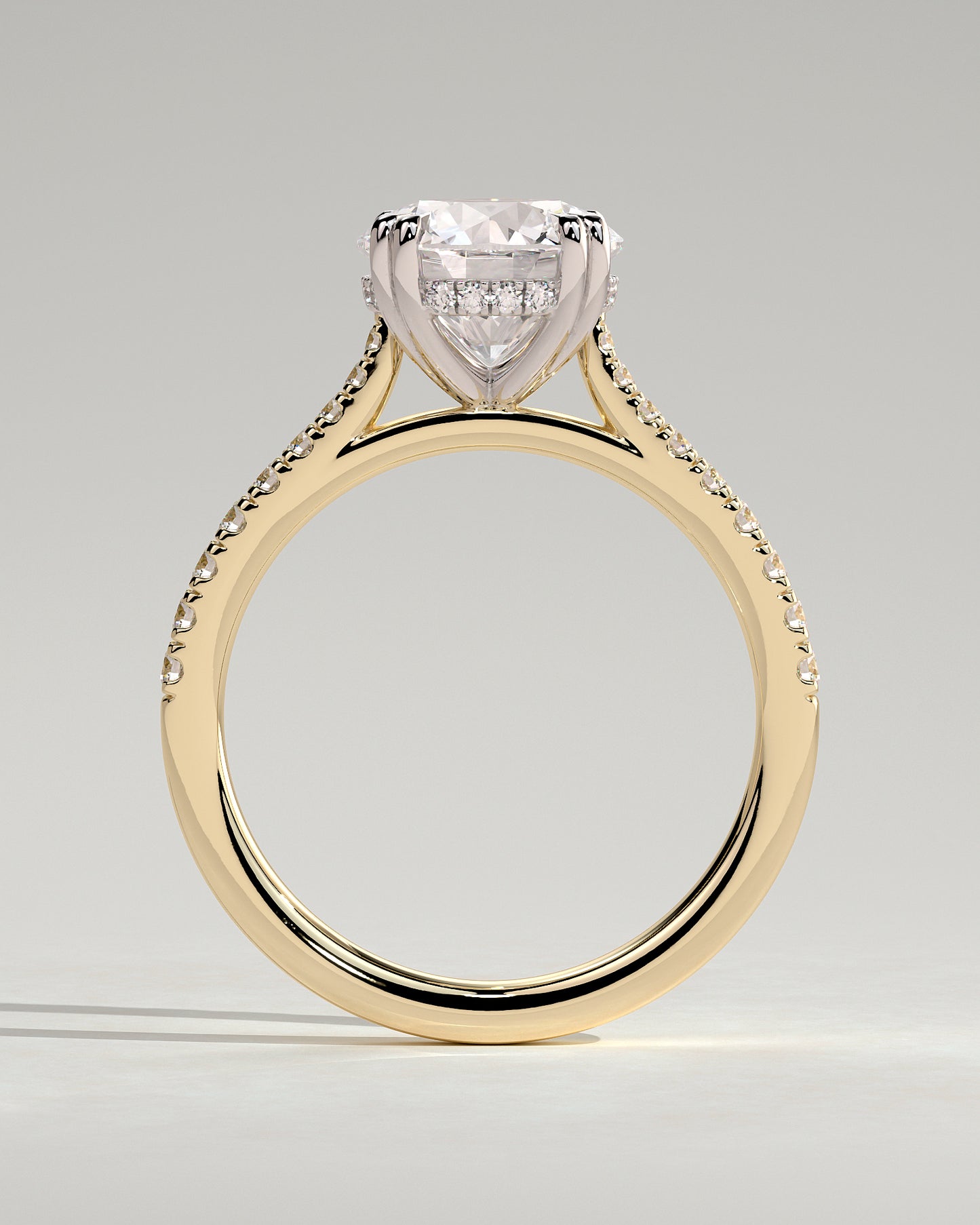 Amelia - Round Double Claw Solitaire with Hidden Halo, Tapered Pave Band and Cathedral High Setting Engagement Ring - Yellow Two-Tone - Yellow Two-Tone 2ct