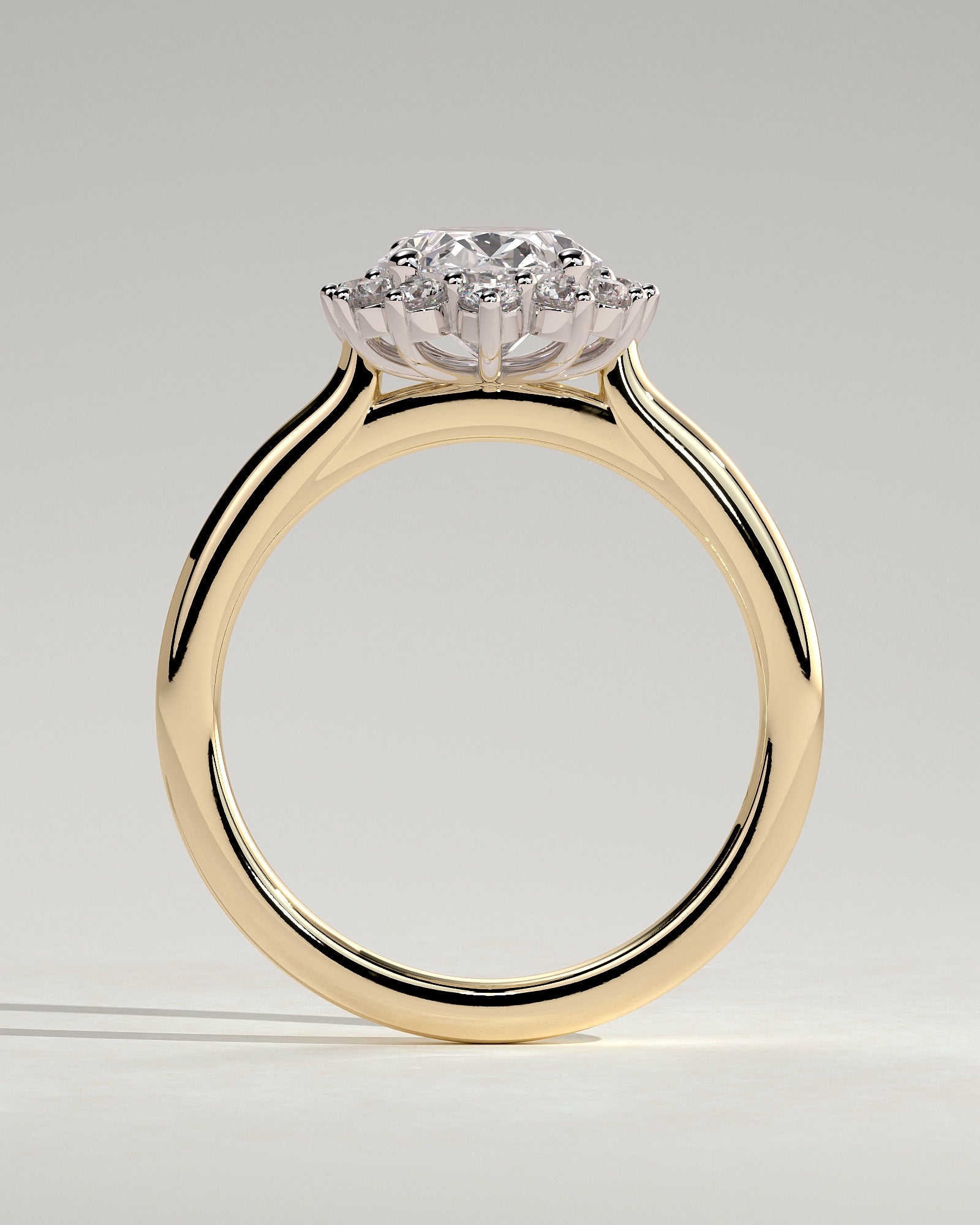 Arielle - Oval Claw Solitaire with Sunburst Halo and Cathedral High Setting Engagement Ring - Yellow Two-Tone - Yellow Two-Tone 2ct