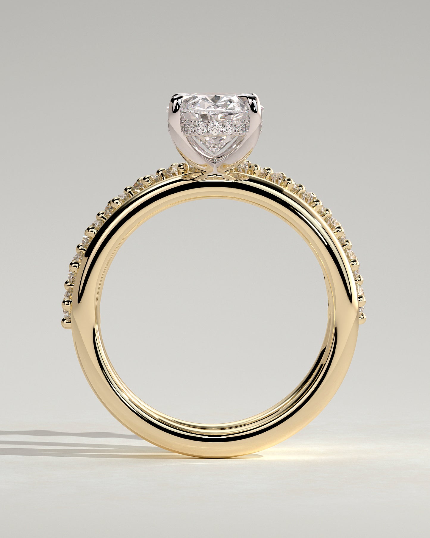 Athena - Oval Claw Solitaire with Double Plain-and-Round-Accent Stones Band Engagement Ring - Yellow Two-Tone - Yellow Two-Tone 2ct