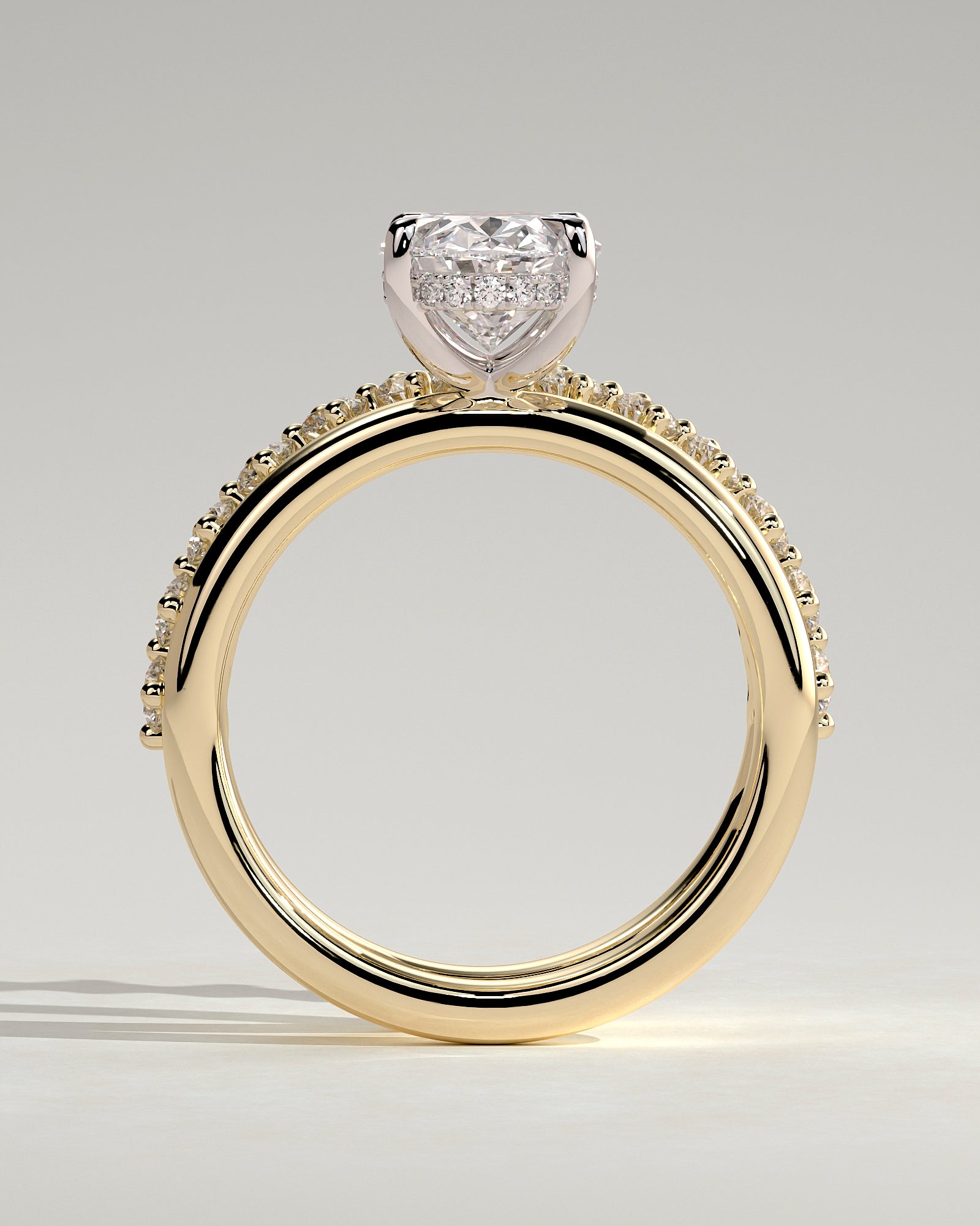 Athena - Oval Claw Solitaire with Double Plain-and-Round-Accent Stones Band Engagement Ring - Yellow Two-Tone - Yellow Two-Tone 2ct