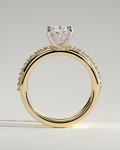 Athena - Oval Claw Solitaire with Double Plain-and-Round-Accent Stones Band Engagement Ring - Yellow Two-Tone