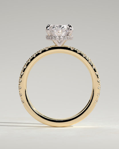 Evangeline - Oval Claw Solitaire with Wrap Around Hidden Halo and Pave Band Engagement Ring - Yellow Two-Tone
