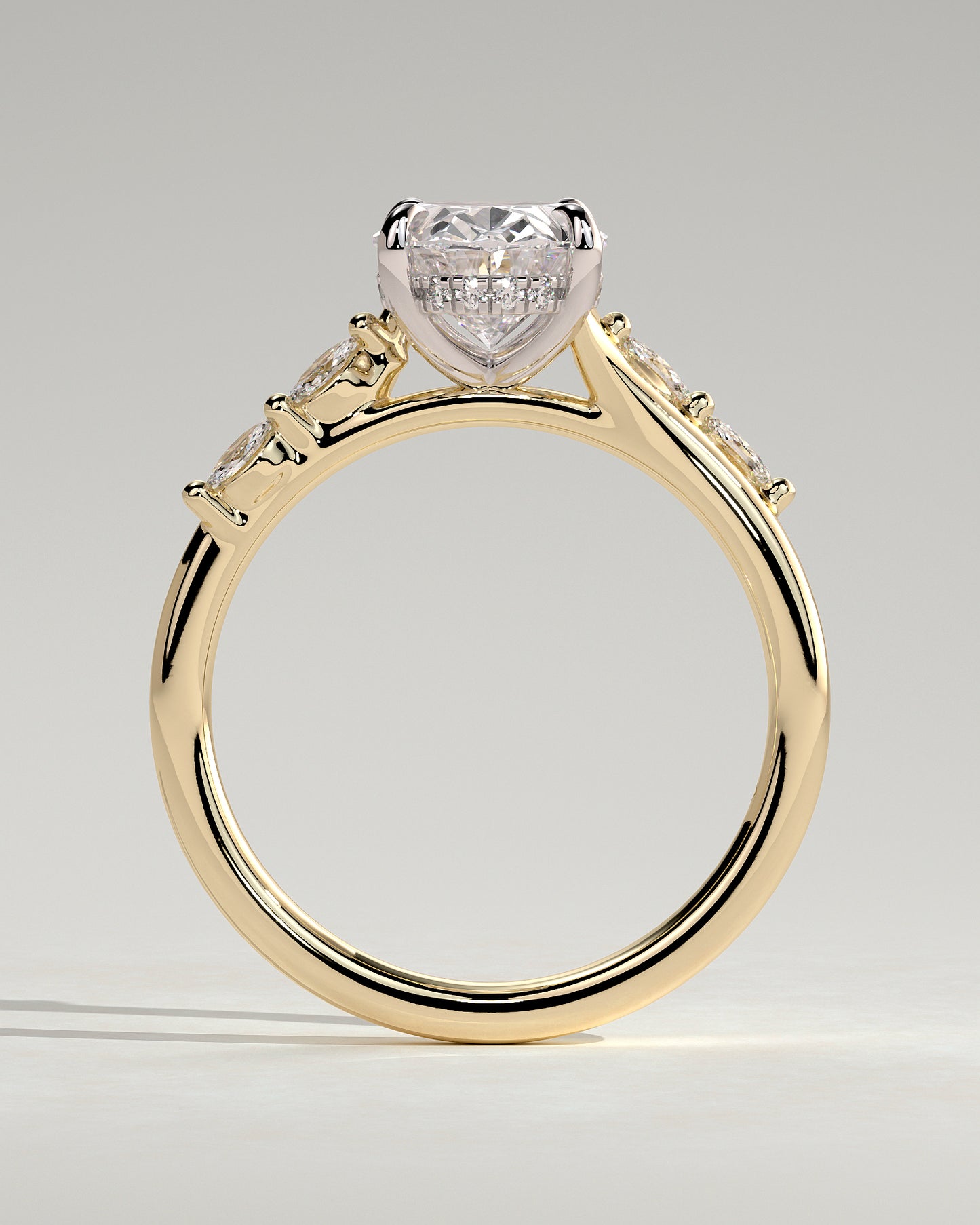 Jamie - Oval Claw Solitaire with Hidden Halo, Opposing Marquise Accents and Cathedral High Setting Engagement Ring - Yellow Two-Tone - Yellow Two-Tone 2ct