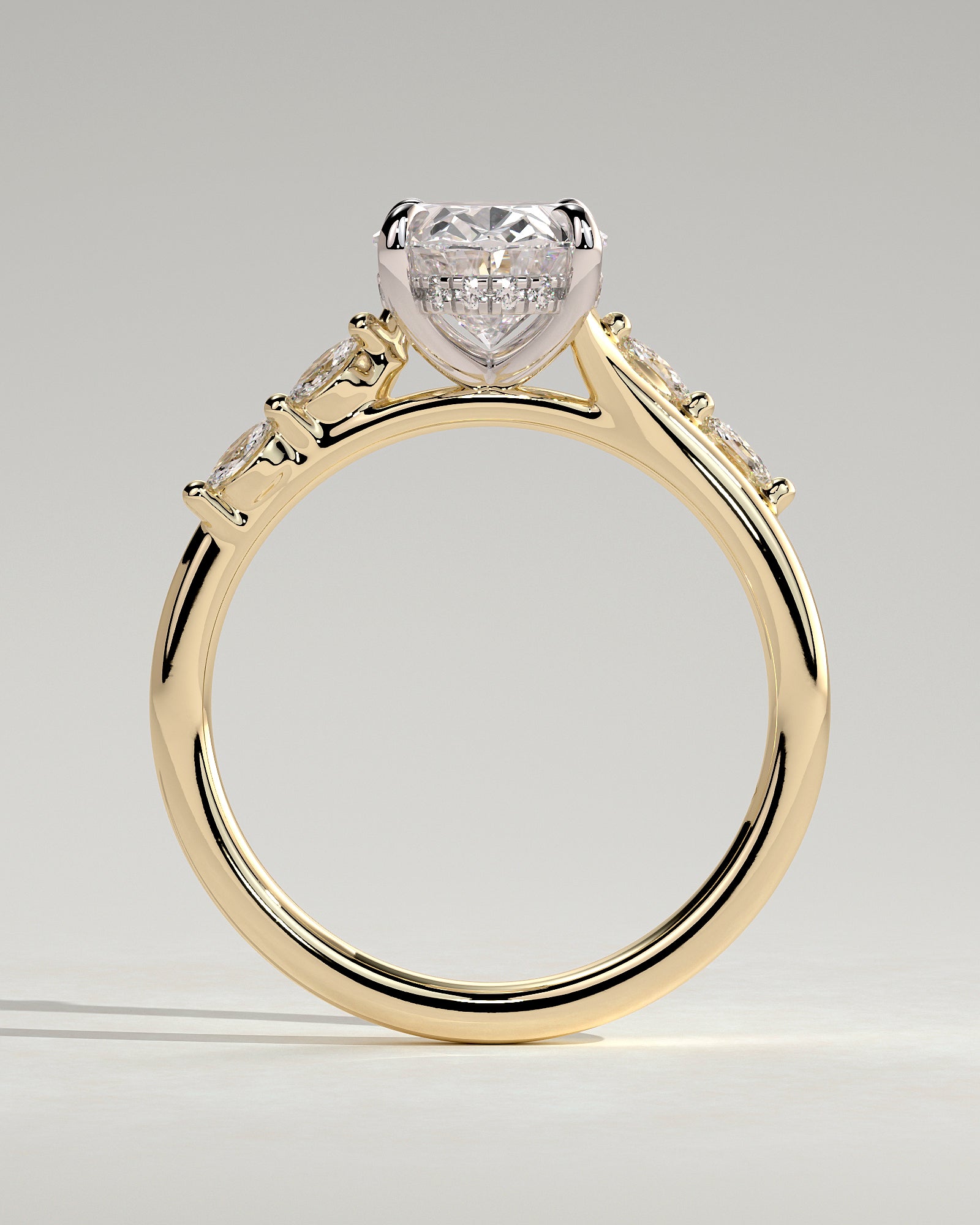 Jamie - Oval Claw Solitaire with Hidden Halo, Opposing Marquise Accents and Cathedral High Setting Engagement Ring - Yellow Two-Tone - Yellow Two-Tone 2ct