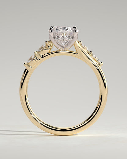 Jamie - Oval Claw Solitaire with Hidden Halo, Opposing Marquise Accents and Cathedral High Setting Engagement Ring - Yellow Two-Tone