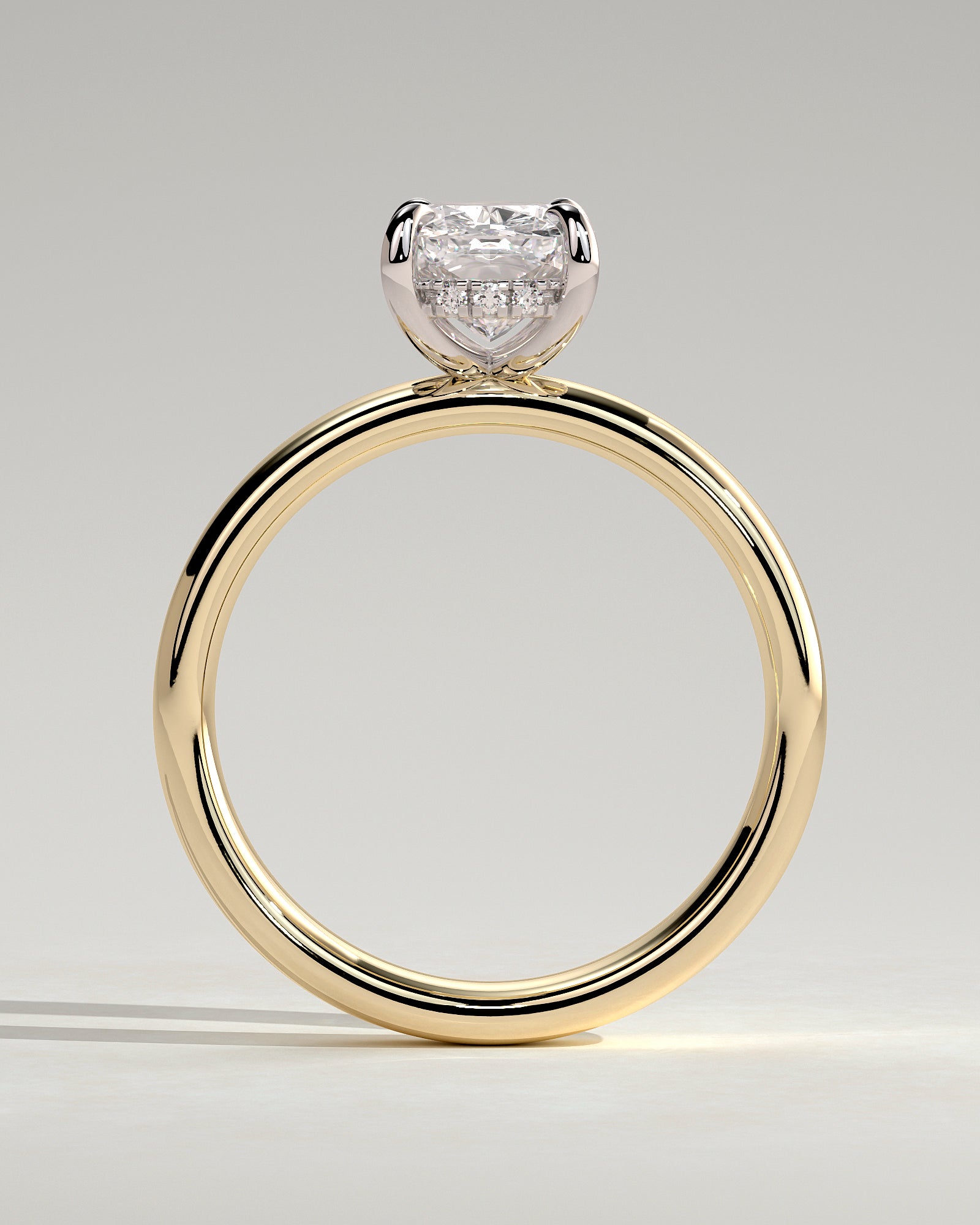 Cora - Elongated Cushion Claw Solitaire with Cigar Band and Hidden Halo Engagement Ring - Yellow Two-Tone - Yellow Two-Tone 2ct